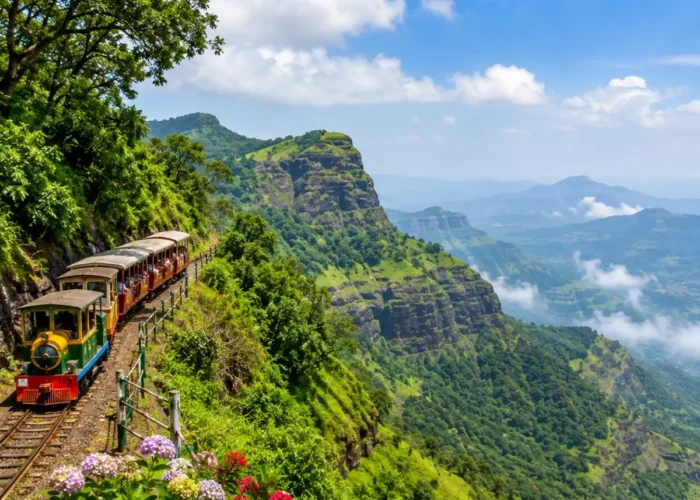 Matheran Hill Station Weekend Tour Package featuring Panorama Point, Charlotte Lake, Echo Point, toy train, lush green forests and scenic valley views.