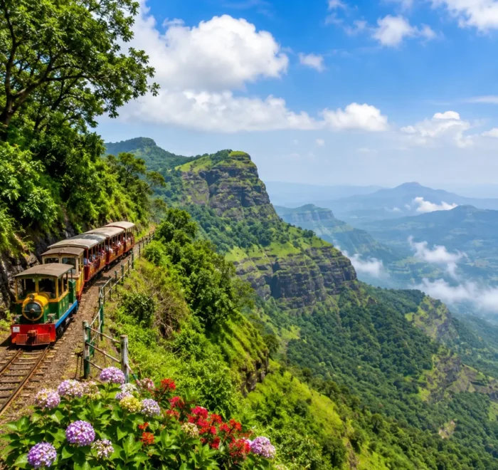 Matheran Hill Station Weekend Tour Package featuring Panorama Point, Charlotte Lake, Echo Point, toy train, lush green forests and scenic valley views.