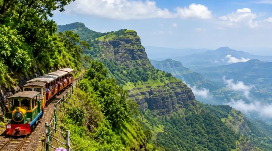 Matheran Hill Station Weekend Tour Package featuring Panorama Point, Charlotte Lake, Echo Point, toy train, lush green forests and scenic valley views.