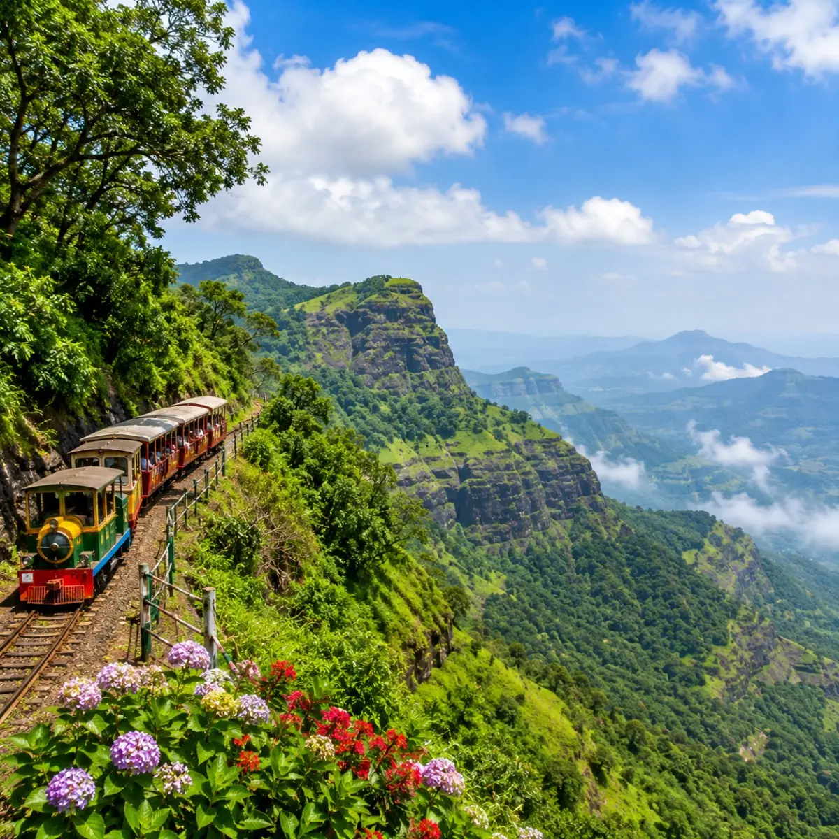 Matheran Hill Station Weekend Tour Package featuring Panorama Point, Charlotte Lake, Echo Point, toy train, lush green forests and scenic valley views.