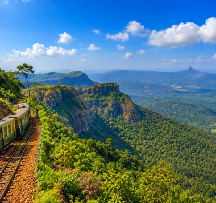 Matheran Tour Package featuring Panorama Point, Charlotte Lake, Echo Point, Matheran Toy Train and scenic Western Ghats landscapes.