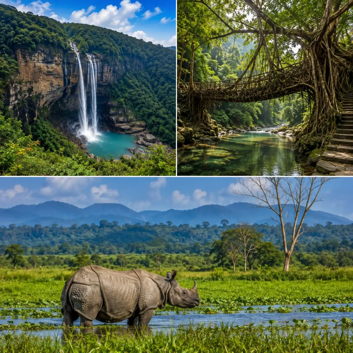 Meghalaya & Kaziranga Tour Package featuring Shillong, Cherrapunji, Dawki, Umngot River and Kaziranga National Park safari