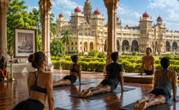 Mysuru Ashtanga Yoga Tour Package featuring traditional Ashtanga yoga, meditation, Ayurveda, Mysore Palace and Chamundi Hills.