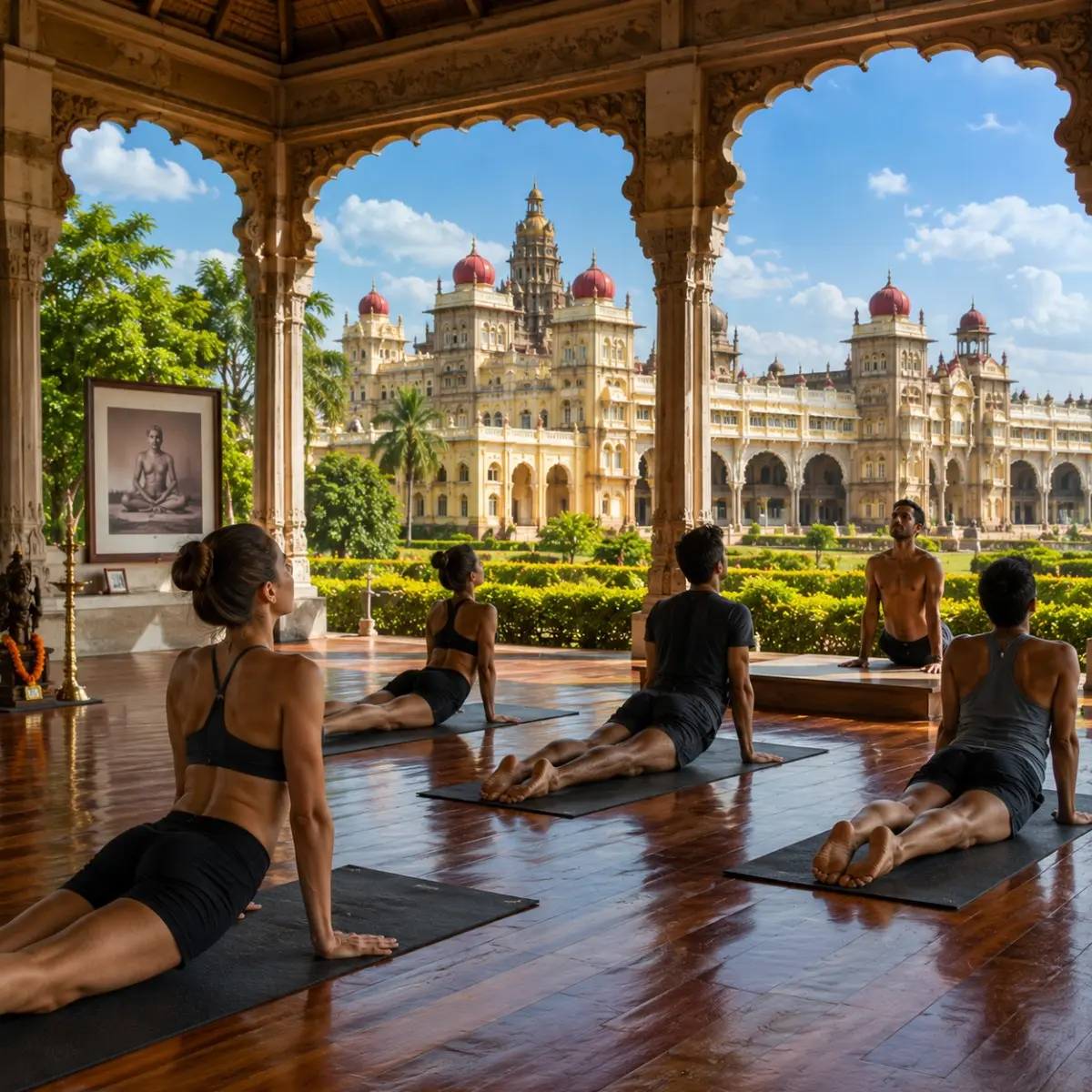 Mysuru Ashtanga Yoga Tour Package featuring traditional Ashtanga yoga, meditation, Ayurveda, Mysore Palace and Chamundi Hills.