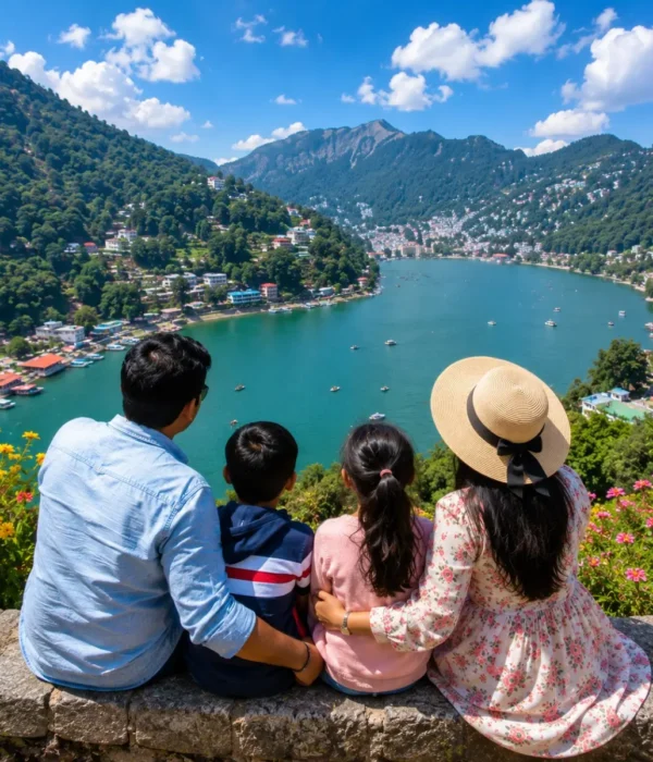 Nainital Kausani Corbett Family Tour Package featuring Naini Lake, Snow View Point, Jim Corbett National Park, Kausani Himalayan views and lush forests.