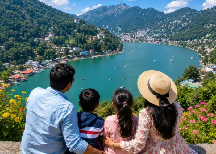 Nainital Kausani Corbett Family Tour Package featuring Naini Lake, Snow View Point, Jim Corbett National Park, Kausani Himalayan views and lush forests.