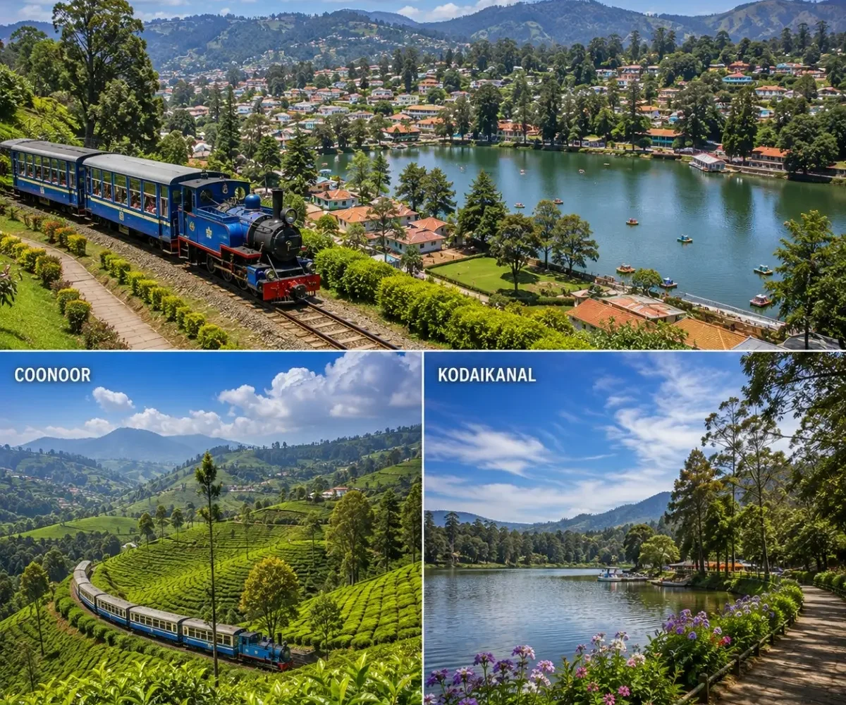 Ooty, Coonoor & Kodaikanal Tour Package featuring Ooty Lake, Nilgiri tea gardens, Coonoor viewpoints and Kodaikanal Lake