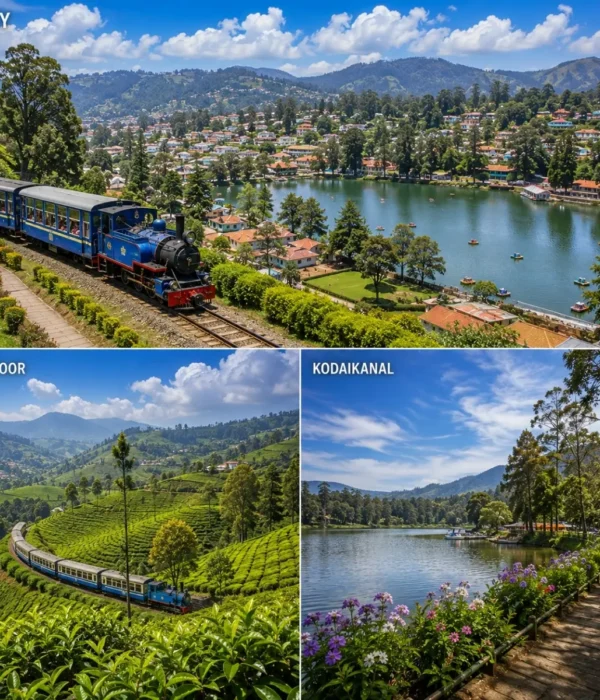 Ooty, Coonoor & Kodaikanal Tour Package featuring Ooty Lake, Nilgiri tea gardens, Coonoor viewpoints and Kodaikanal Lake