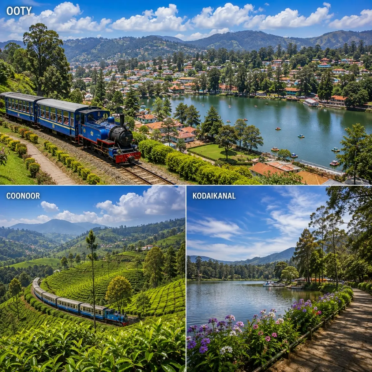 Ooty, Coonoor & Kodaikanal Tour Package featuring Ooty Lake, Nilgiri tea gardens, Coonoor viewpoints and Kodaikanal Lake