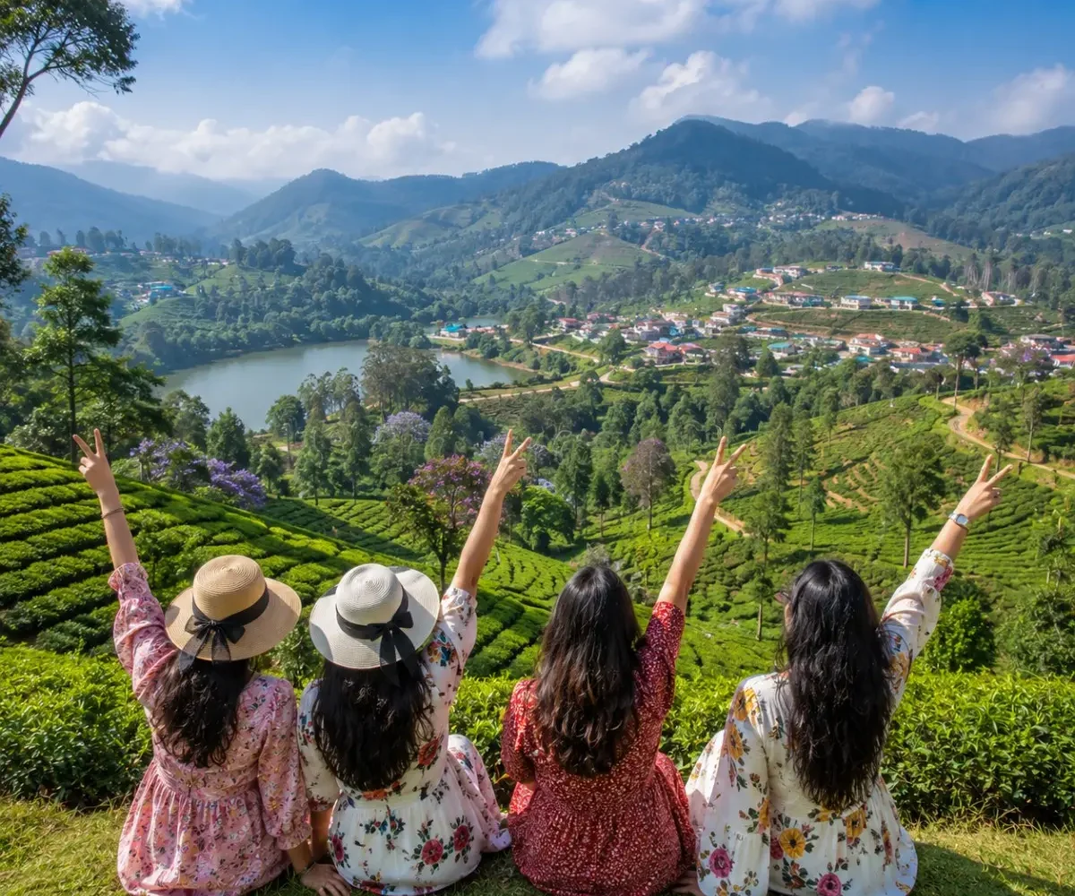 Ooty Coonoor Women Special Tour Package featuring Nilgiri Mountain Railway, tea plantations, Botanical Garden, Doddabetta Peak and scenic hill landscapes.
