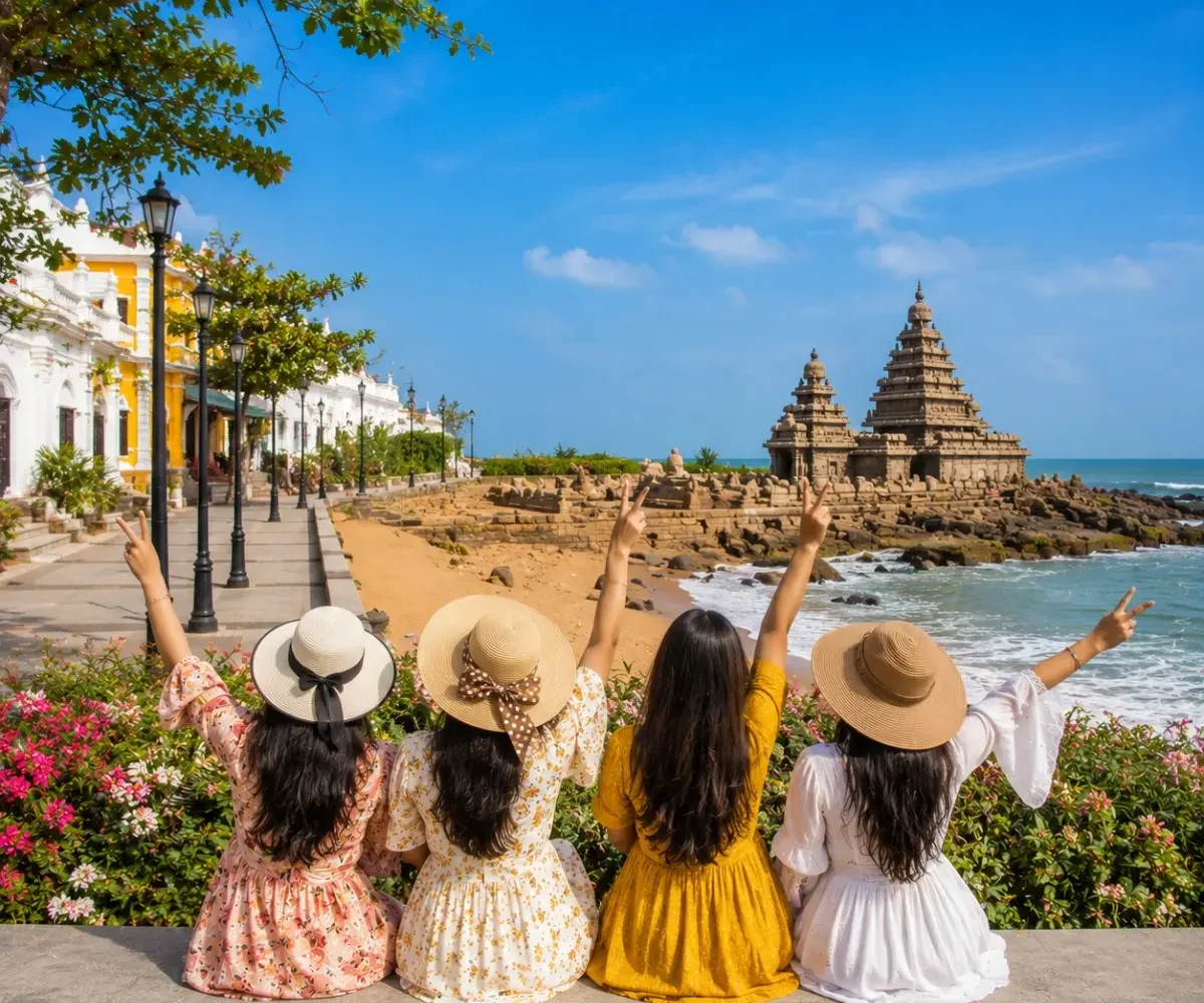 Pondicherry Mahabalipuram Women Special Tour Package featuring Promenade Beach, Auroville, Shore Temple, French Quarter and UNESCO heritage monuments.