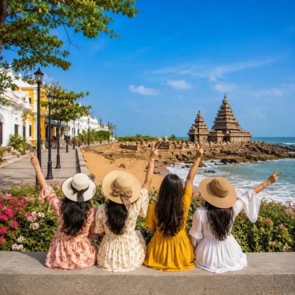 Pondicherry Mahabalipuram Women Special Tour Package featuring Promenade Beach, Auroville, Shore Temple, French Quarter and UNESCO heritage monuments.