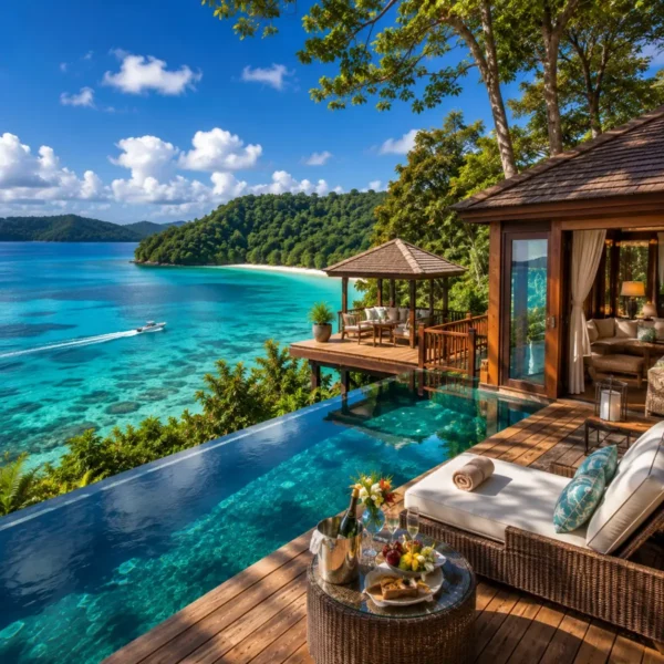 Port Blair Havelock Neil Island Luxury Tour Package featuring luxury beach resorts, Radhanagar Beach, Cellular Jail, Bharatpur Beach and crystal-clear turquoise waters.