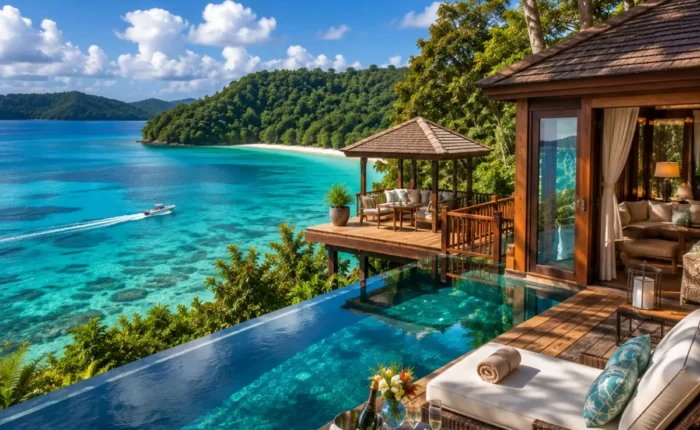 Port Blair Havelock Neil Island Luxury Tour Package featuring luxury beach resorts, Radhanagar Beach, Cellular Jail, Bharatpur Beach and crystal-clear turquoise waters.