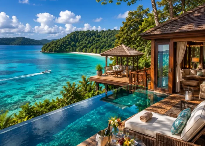 Port Blair Havelock Neil Island Luxury Tour Package featuring luxury beach resorts, Radhanagar Beach, Cellular Jail, Bharatpur Beach and crystal-clear turquoise waters.