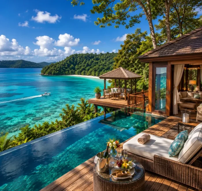 Port Blair Havelock Neil Island Luxury Tour Package featuring luxury beach resorts, Radhanagar Beach, Cellular Jail, Bharatpur Beach and crystal-clear turquoise waters.