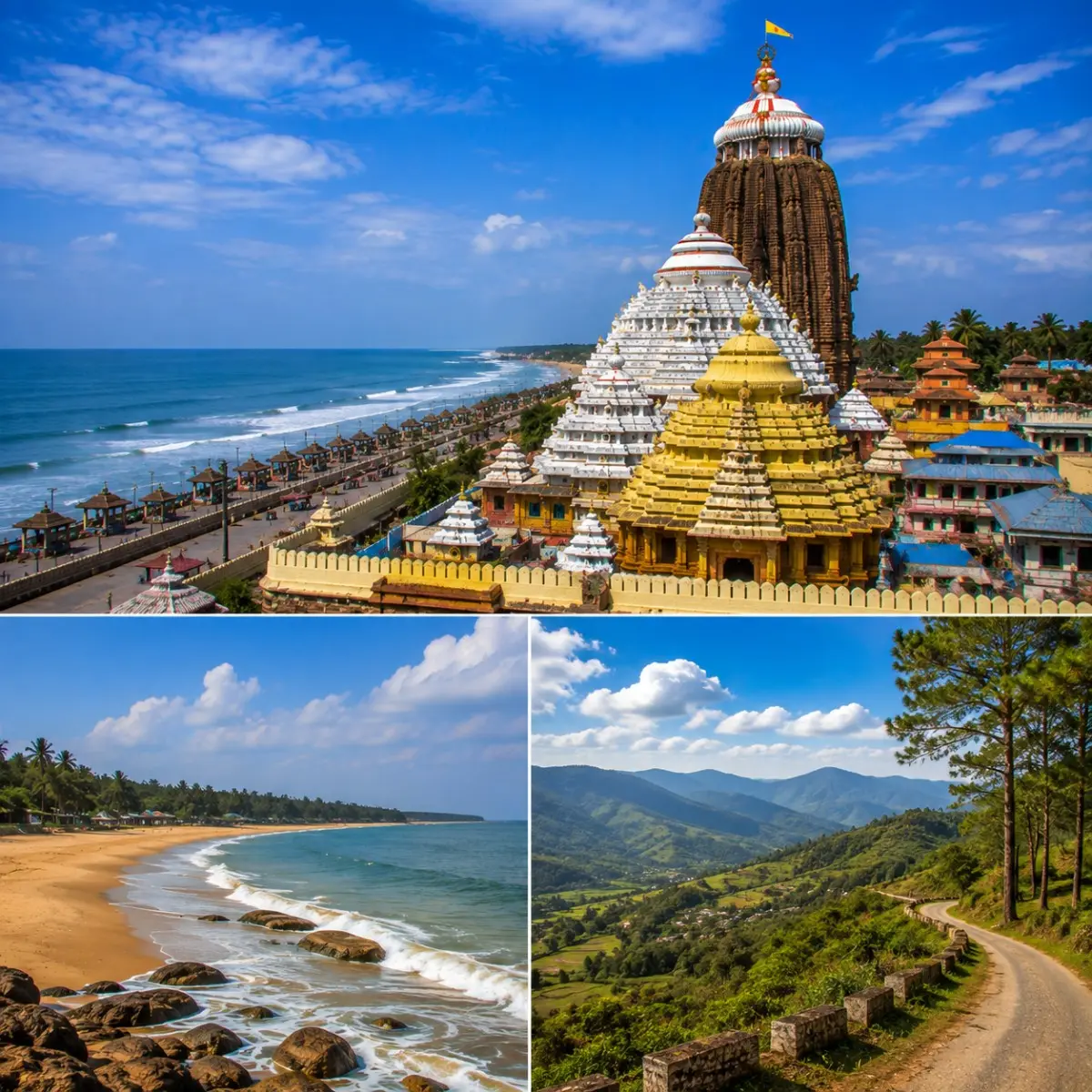 Puri Gopalpur Daringbadi Tour Package featuring Jagannath Temple, Gopalpur Beach, Daringbadi Hill Station, Doluri River and Midubanda Waterfall.