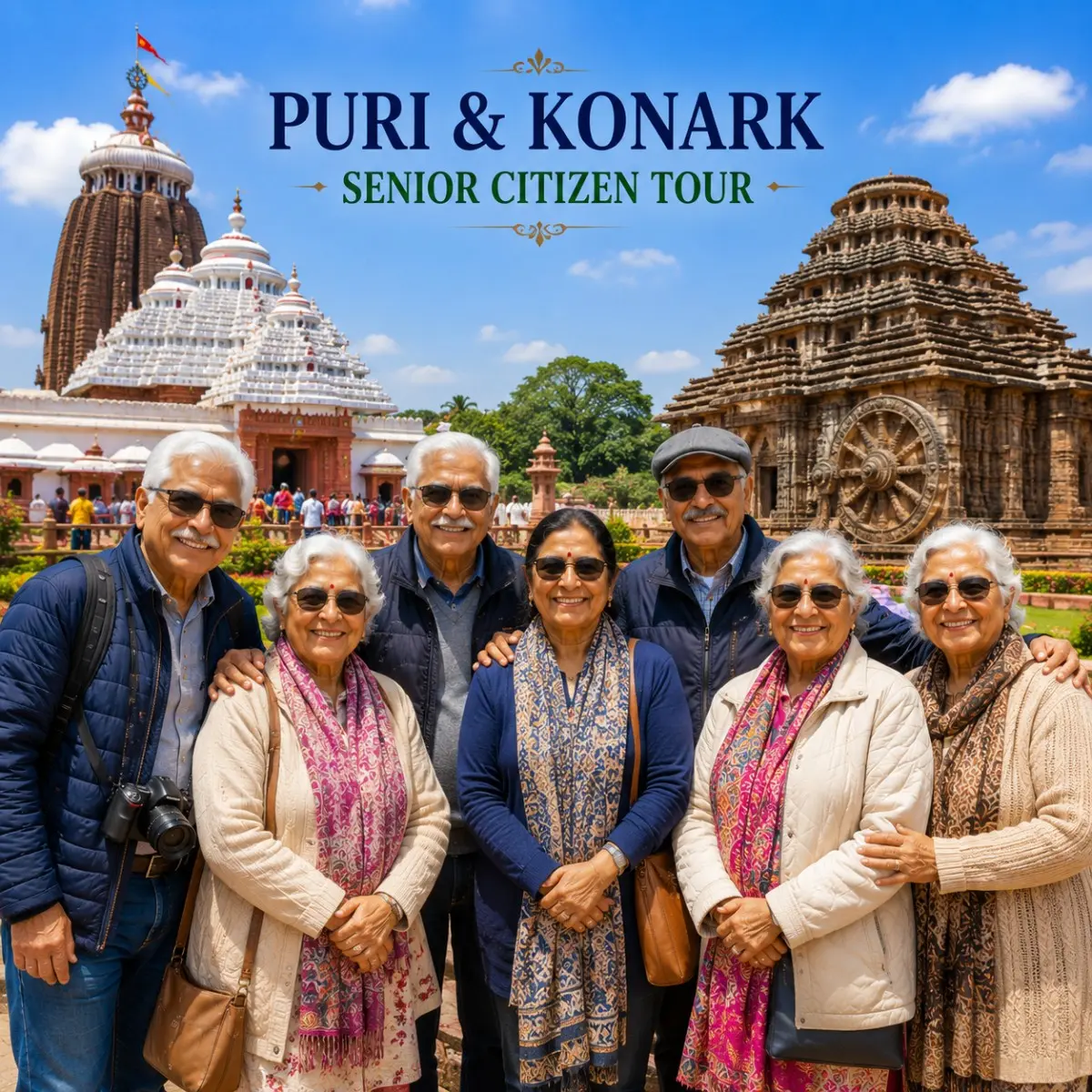 Puri Konark Senior Citizen Tour Package featuring Jagannath Temple, Konark Sun Temple, Chandrabhaga Beach and peaceful pilgrimage experiences in Odisha.
