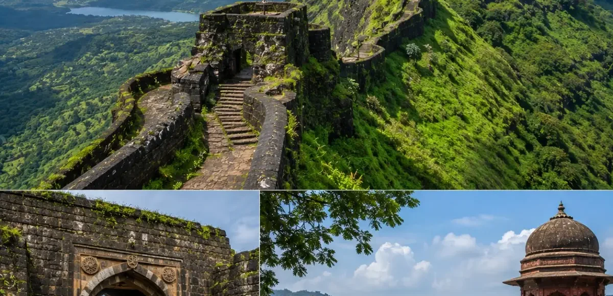 Raigad Fort Mahad Tour Package featuring Raigad Fort, Mahad, Raigad Ropeway, Jagadishwar Temple, Takmak Tok and the Sahyadri Mountains.