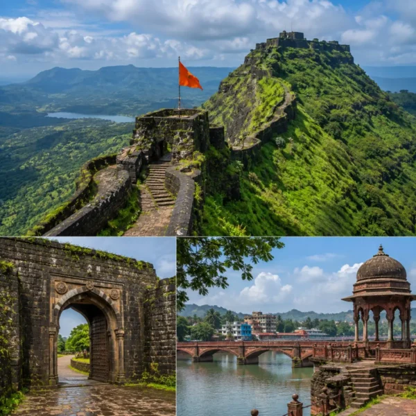 Raigad Fort Mahad Tour Package featuring Raigad Fort, Mahad, Raigad Ropeway, Jagadishwar Temple, Takmak Tok and the Sahyadri Mountains.