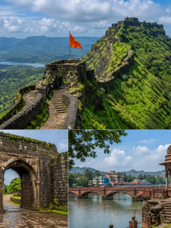 Raigad Fort Mahad Tour Package featuring Raigad Fort, Mahad, Raigad Ropeway, Jagadishwar Temple, Takmak Tok and the Sahyadri Mountains.