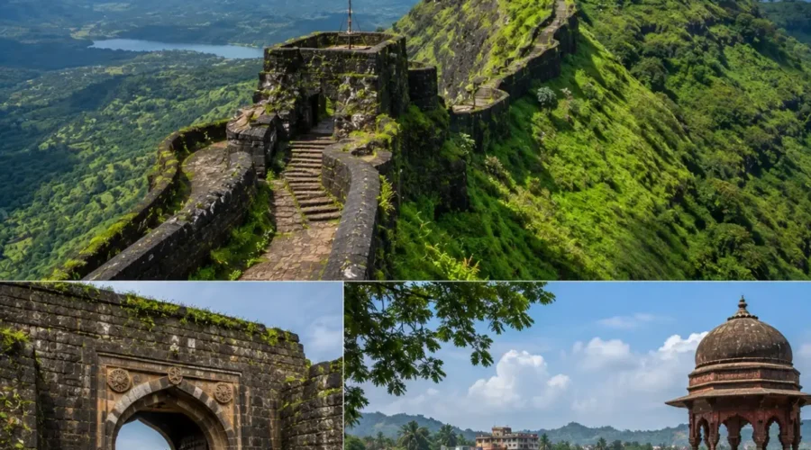 Raigad Fort Mahad Tour Package featuring Raigad Fort, Mahad, Raigad Ropeway, Jagadishwar Temple, Takmak Tok and the Sahyadri Mountains.