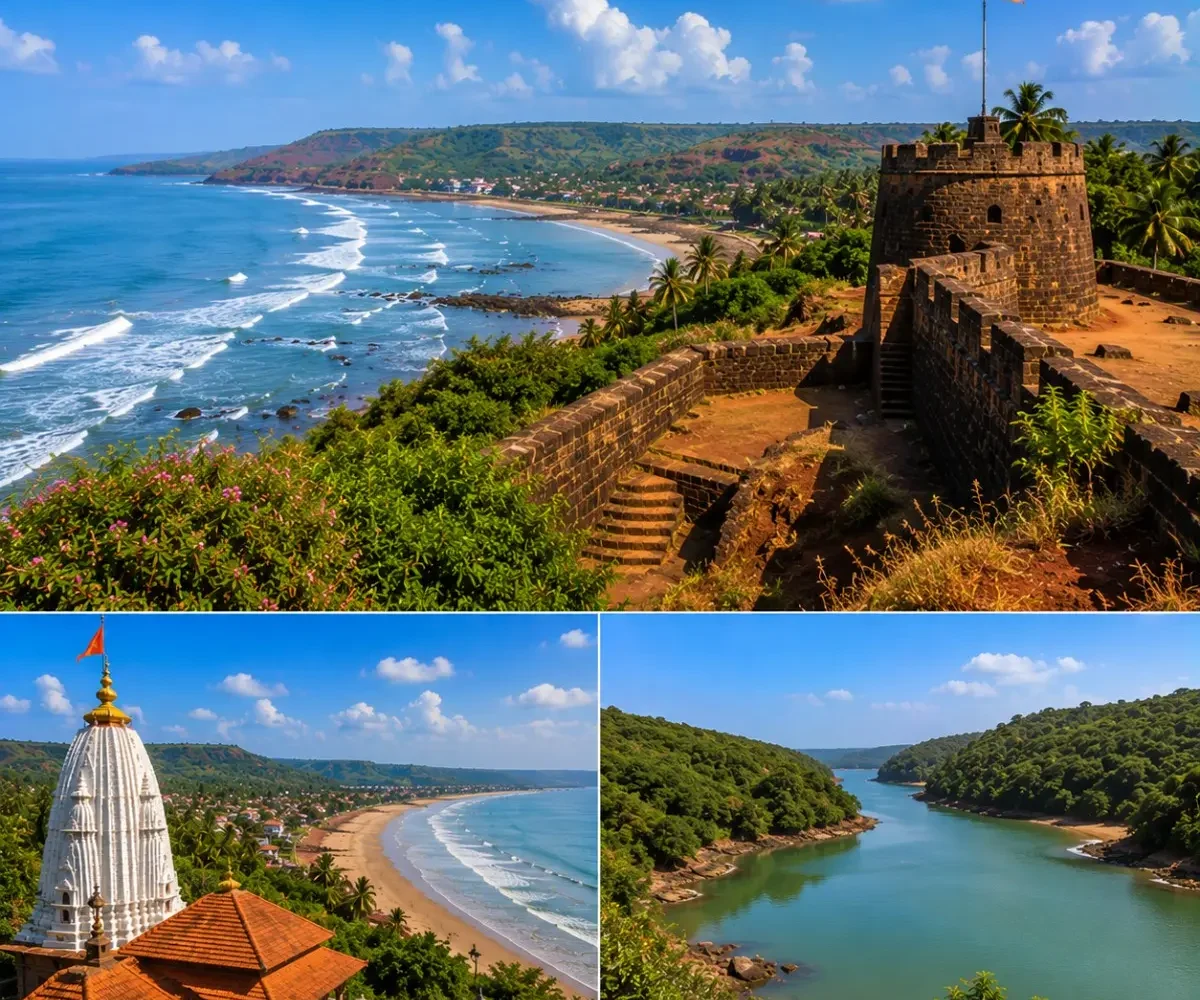 Ratnagiri Ganpatipule Aare Ware Tour Package featuring Ganpatipule Temple, Ratnadurg Fort, Aare Ware Beach, Ratnagiri Marine Drive and the scenic Konkan coastline.