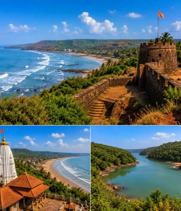 Ratnagiri Ganpatipule Aare Ware Tour Package featuring Ganpatipule Temple, Ratnadurg Fort, Aare Ware Beach, Ratnagiri Marine Drive and the scenic Konkan coastline.