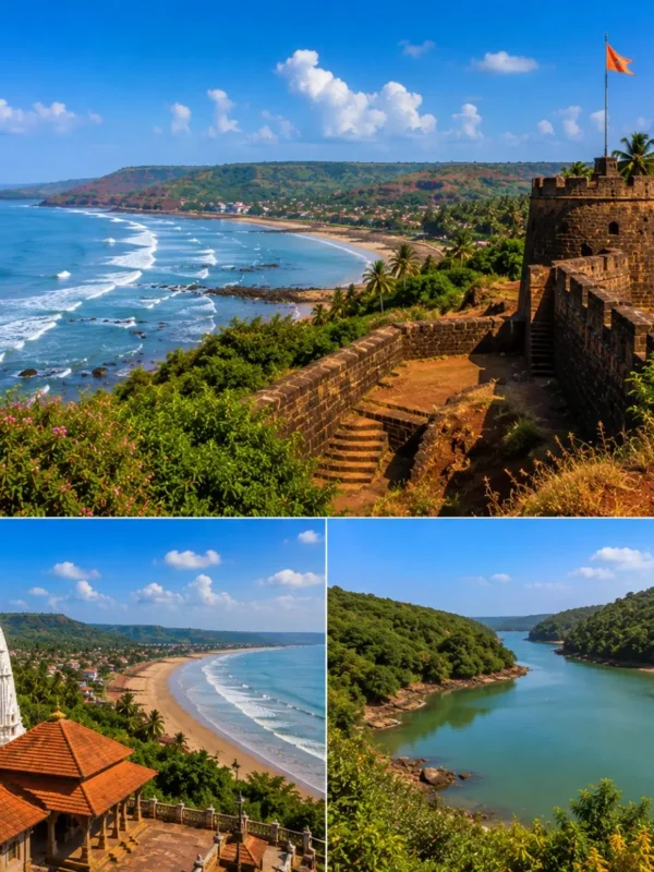 Ratnagiri Ganpatipule Aare Ware Tour Package featuring Ganpatipule Temple, Ratnadurg Fort, Aare Ware Beach, Ratnagiri Marine Drive and the scenic Konkan coastline.