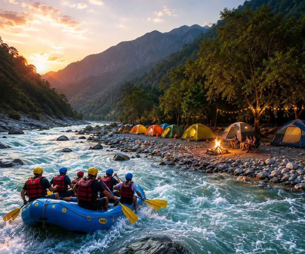 Rishikesh Rafting & Camping Tour Package featuring white water rafting, riverside camping, bonfire, trekking and Himalayan adventure activities.