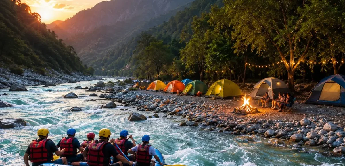 Rishikesh Rafting & Camping Tour Package featuring white water rafting, riverside camping, bonfire, trekking and Himalayan adventure activities.