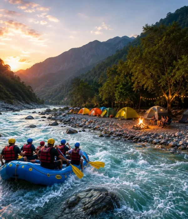 Rishikesh Rafting & Camping Tour Package featuring white water rafting, riverside camping, bonfire, trekking and Himalayan adventure activities.