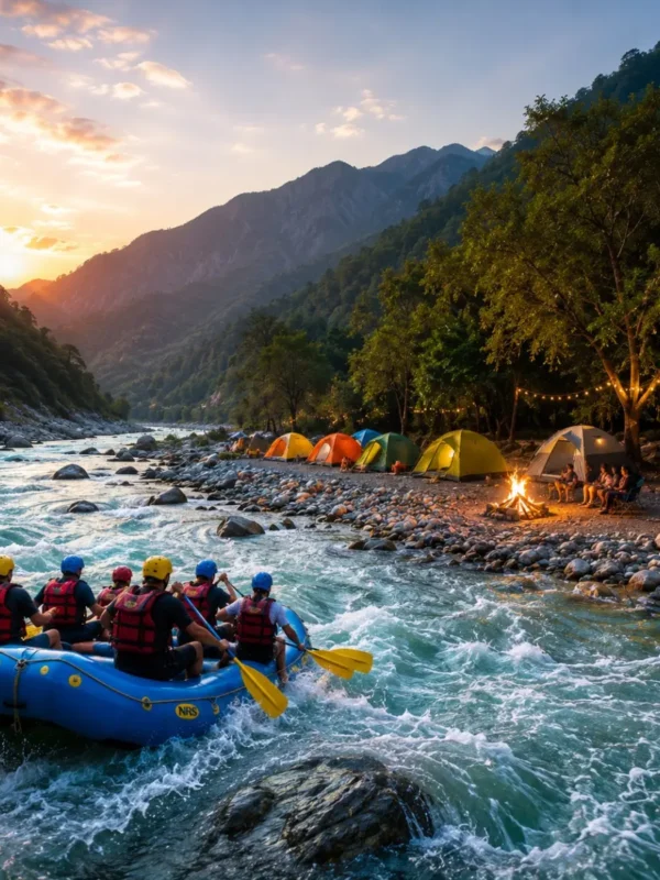Rishikesh Rafting & Camping Tour Package featuring white water rafting, riverside camping, bonfire, trekking and Himalayan adventure activities.