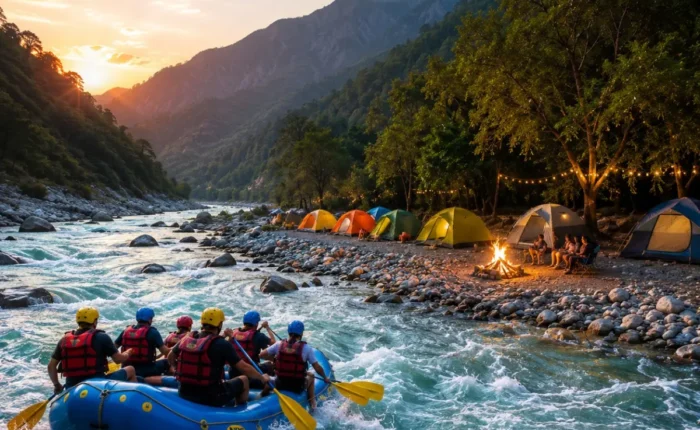 Rishikesh Rafting & Camping Tour Package featuring white water rafting, riverside camping, bonfire, trekking and Himalayan adventure activities.