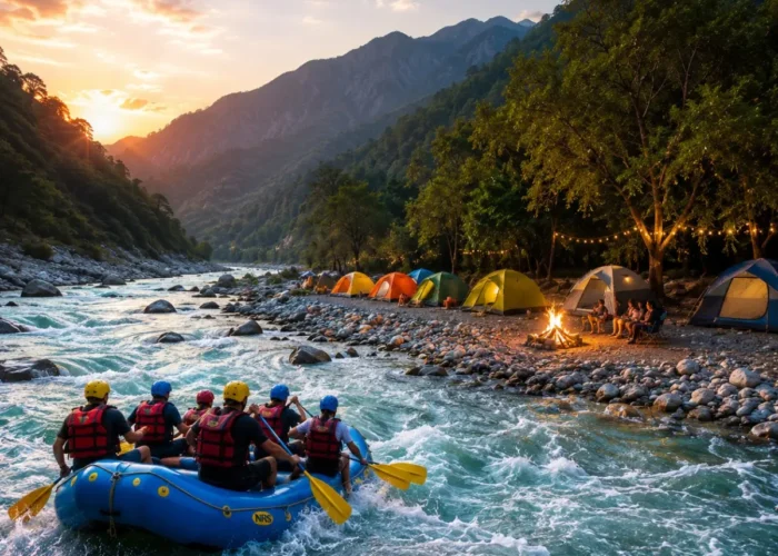 Rishikesh Rafting & Camping Tour Package featuring white water rafting, riverside camping, bonfire, trekking and Himalayan adventure activities.
