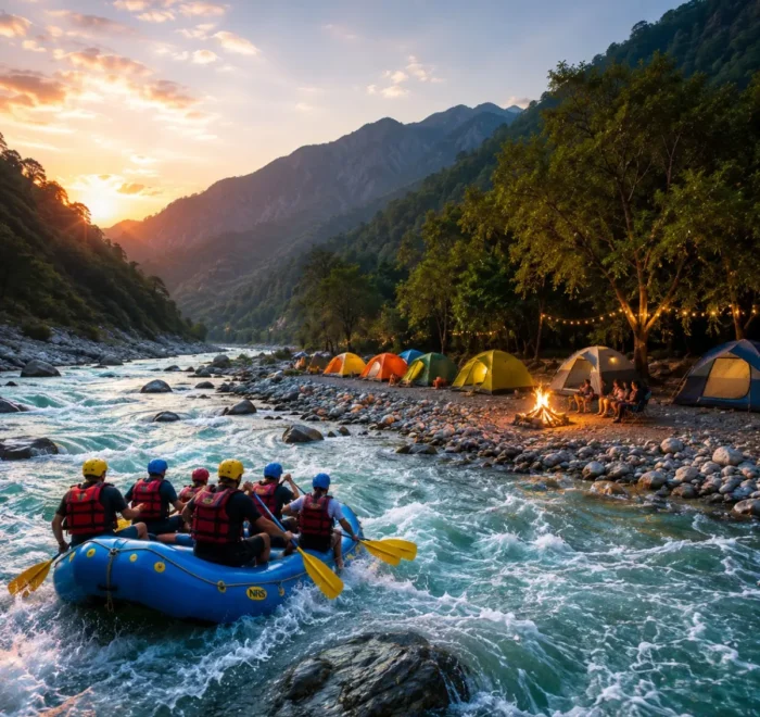 Rishikesh Rafting & Camping Tour Package featuring white water rafting, riverside camping, bonfire, trekking and Himalayan adventure activities.