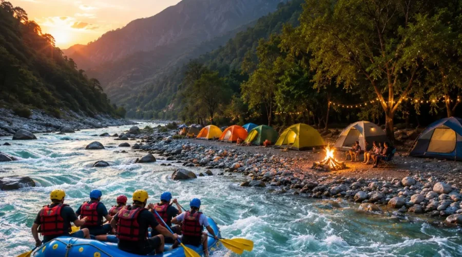 Rishikesh Rafting & Camping Tour Package featuring white water rafting, riverside camping, bonfire, trekking and Himalayan adventure activities.