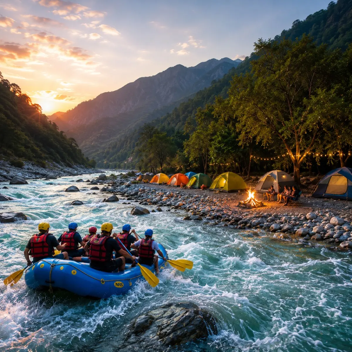 Rishikesh Rafting & Camping Tour Package featuring white water rafting, riverside camping, bonfire, trekking and Himalayan adventure activities.