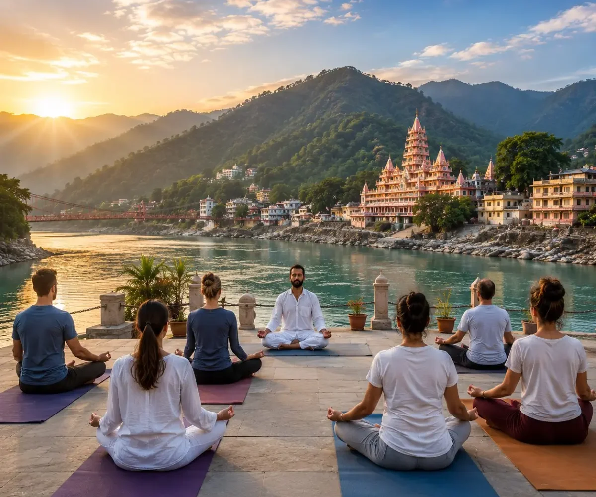 Rishikesh Yoga & Meditation Tour Package featuring yoga sessions, meditation, Ganga Aarti, Ayurveda, Himalayan views and wellness retreats.