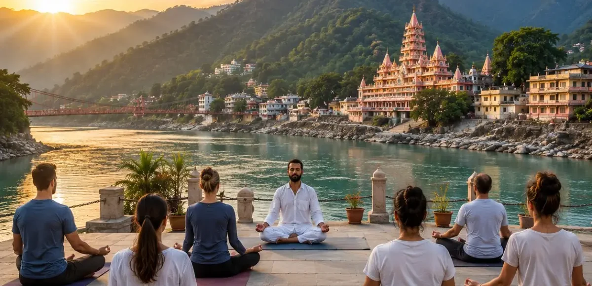 Rishikesh Yoga & Meditation Tour Package featuring yoga sessions, meditation, Ganga Aarti, Ayurveda, Himalayan views and wellness retreats.