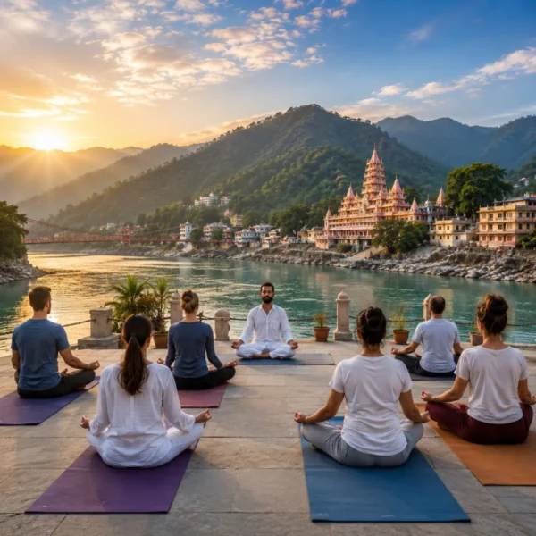 Rishikesh Yoga & Meditation Tour Package featuring yoga sessions, meditation, Ganga Aarti, Ayurveda, Himalayan views and wellness retreats.