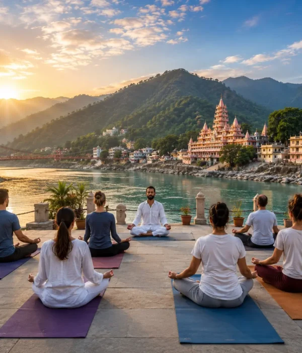 Rishikesh Yoga & Meditation Tour Package featuring yoga sessions, meditation, Ganga Aarti, Ayurveda, Himalayan views and wellness retreats.