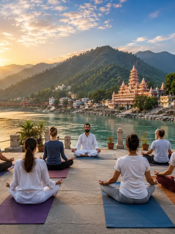 Rishikesh Yoga & Meditation Tour Package featuring yoga sessions, meditation, Ganga Aarti, Ayurveda, Himalayan views and wellness retreats.