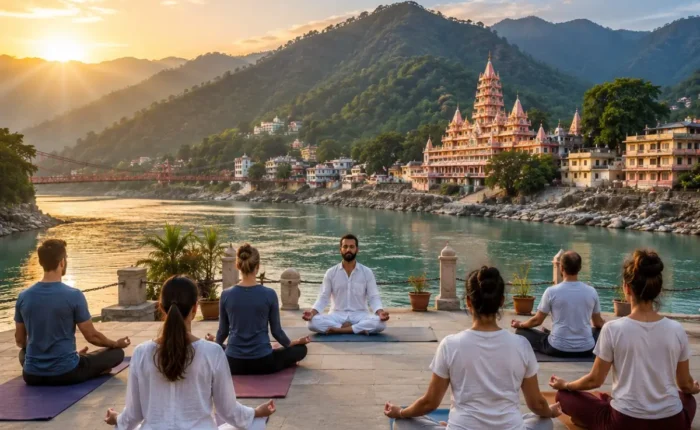 Rishikesh Yoga & Meditation Tour Package featuring yoga sessions, meditation, Ganga Aarti, Ayurveda, Himalayan views and wellness retreats.