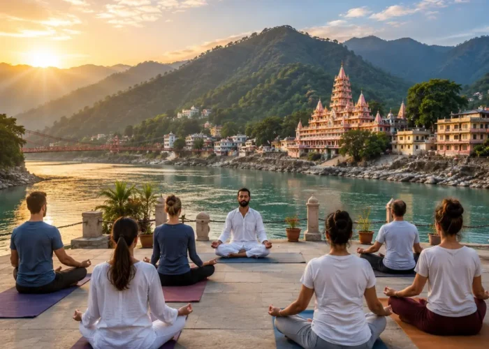 Rishikesh Yoga & Meditation Tour Package featuring yoga sessions, meditation, Ganga Aarti, Ayurveda, Himalayan views and wellness retreats.