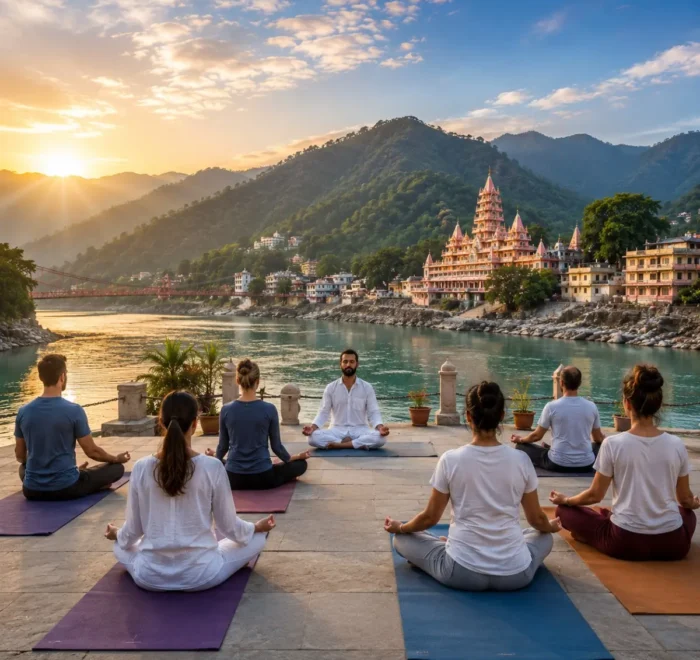 Rishikesh Yoga & Meditation Tour Package featuring yoga sessions, meditation, Ganga Aarti, Ayurveda, Himalayan views and wellness retreats.