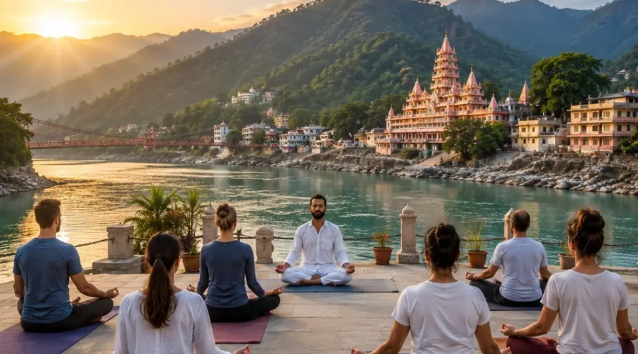 Rishikesh Yoga & Meditation Tour Package featuring yoga sessions, meditation, Ganga Aarti, Ayurveda, Himalayan views and wellness retreats.