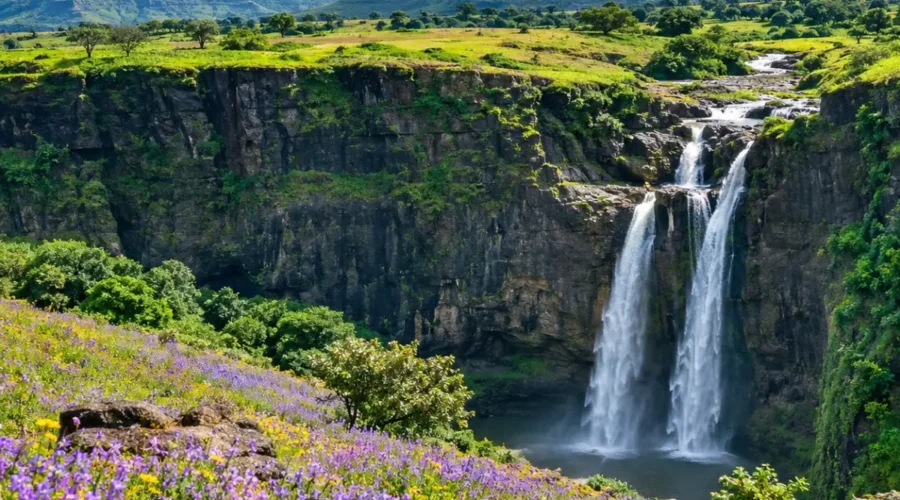 Satara Kaas Plateau Thoseghar Tour Package featuring Kaas Plateau, Thoseghar Waterfalls, Kaas Lake, Sajjangad Fort and the scenic Sahyadri hills.