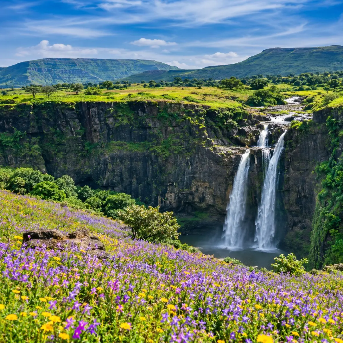 Satara Kaas Plateau Thoseghar Tour Package featuring Kaas Plateau, Thoseghar Waterfalls, Kaas Lake, Sajjangad Fort and the scenic Sahyadri hills.