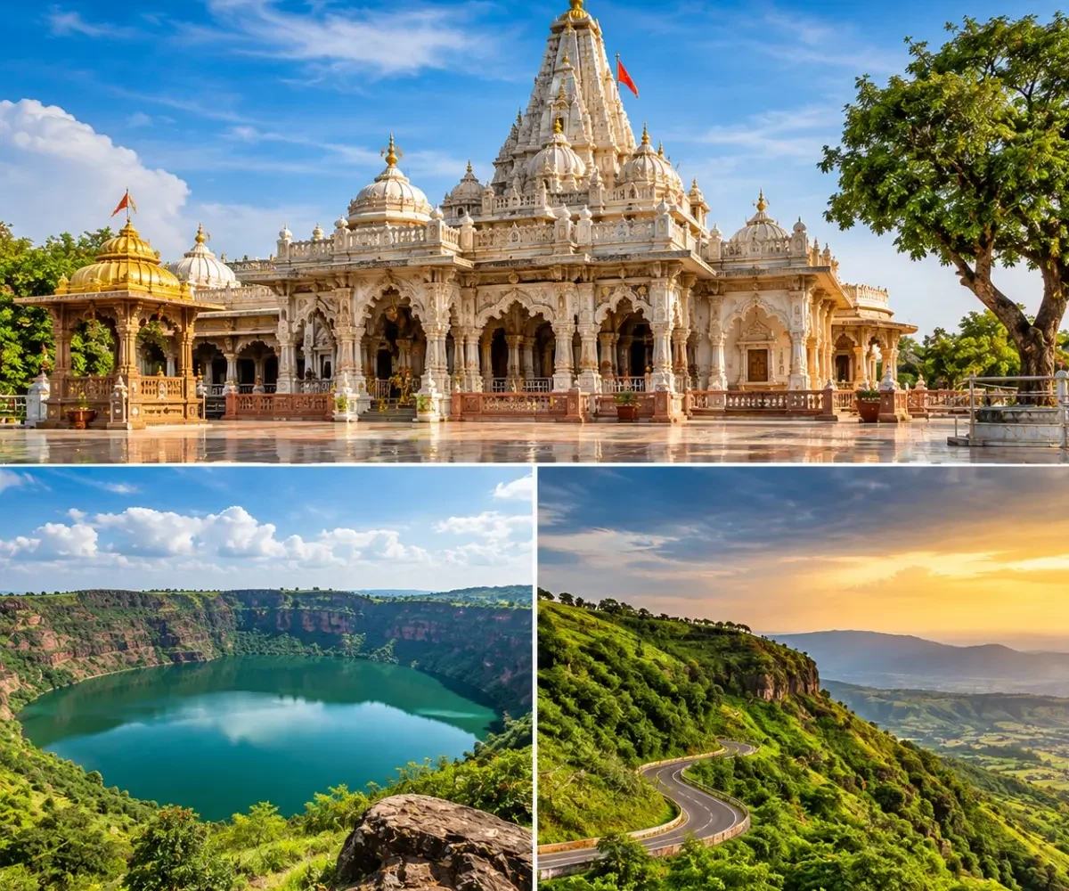 Shegaon Lonar Lake Chikhaldara Tour Package featuring Gajanan Maharaj Temple, Lonar Crater Lake, Chikhaldara viewpoints and lush forest landscapes.